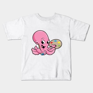 Octopus as painter with a brush and paints Kids T-Shirt